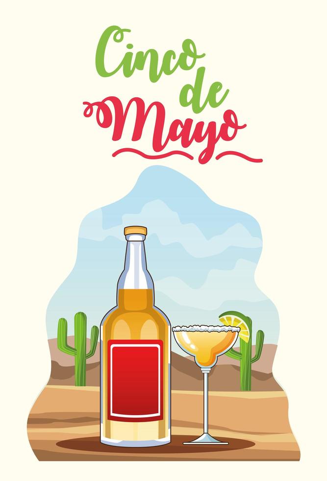 celebración del cinco de mayo con bebida de tequila escena del desierto vector