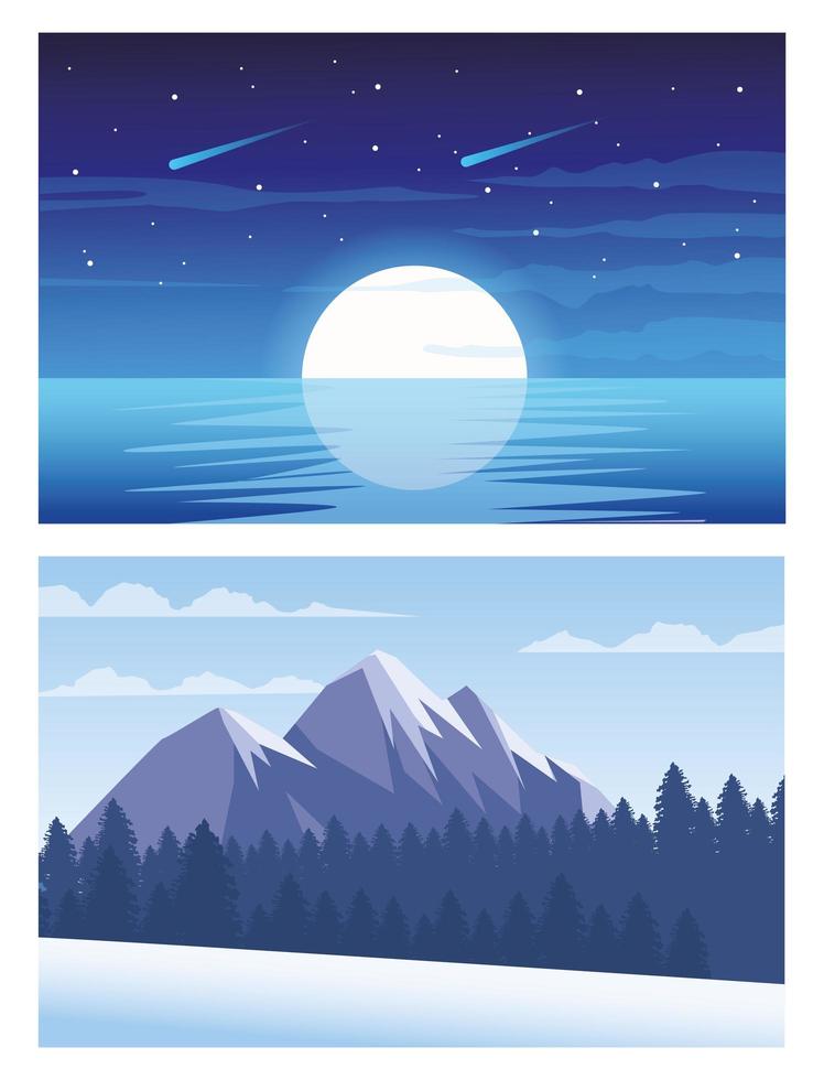 beautiful landscapes with mountains and sea moon sunrise scenes vector