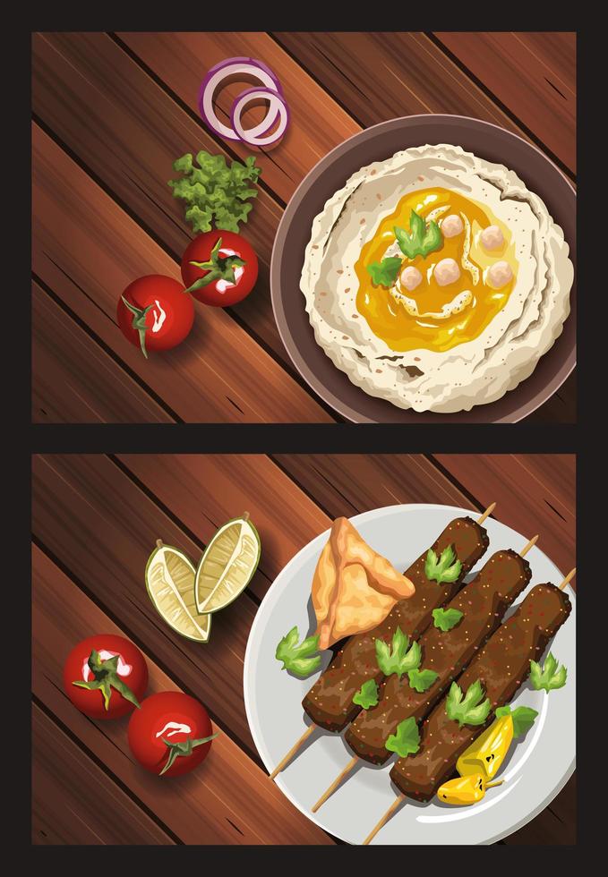 middle eastern food in wooden table vector