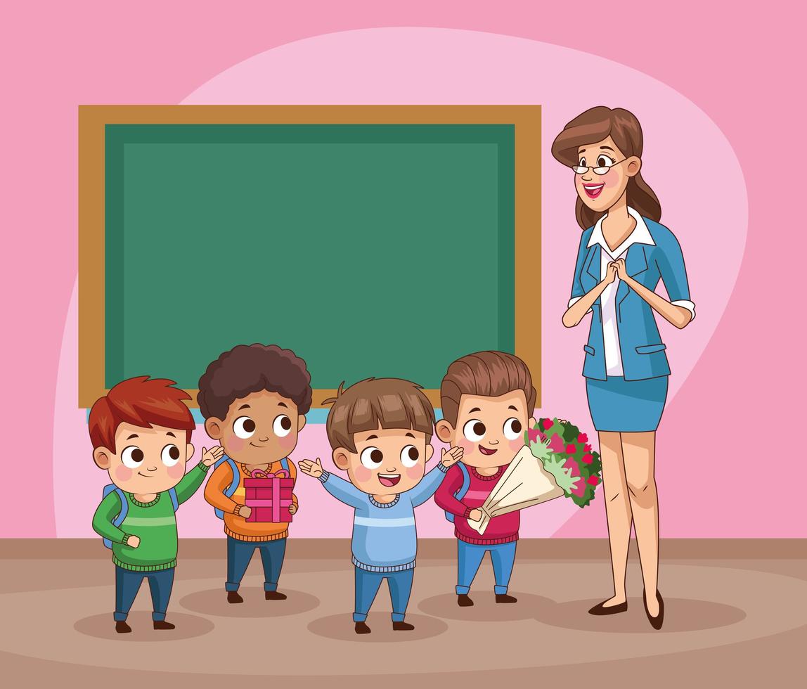 group of little students kids in the classroom vector