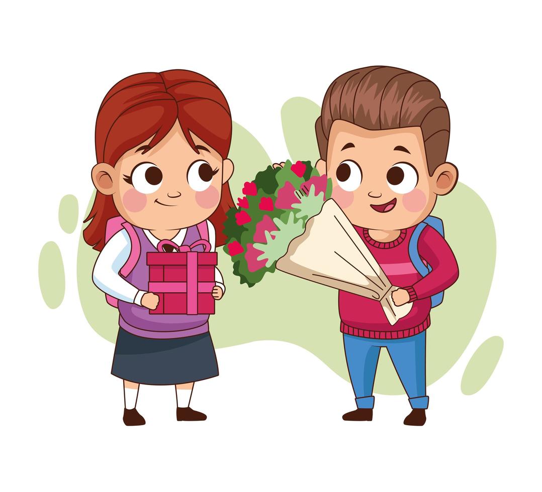 couple of little students kids with flowers bouquet vector