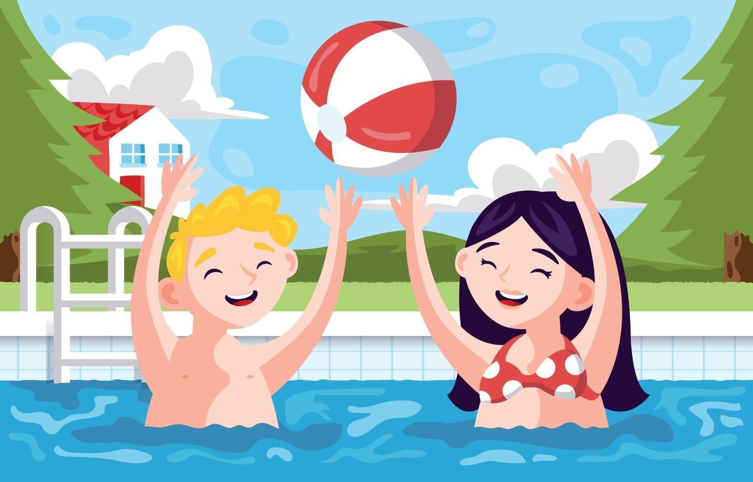 niños nadando y jugando en la piscina. vector