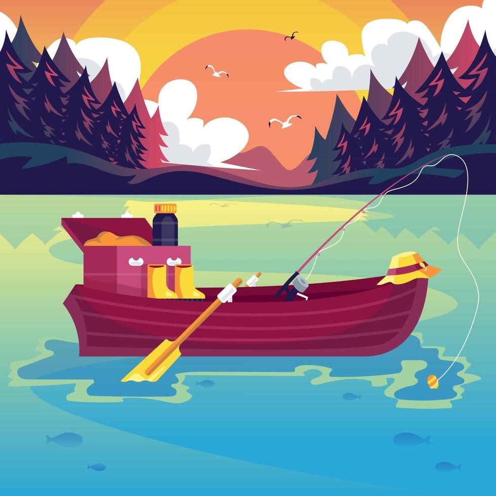 barco lago paisaje con equipo de pesca vector