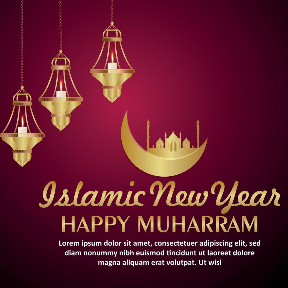 Islamic festival happy muharram celebration greeting card with golden moon and mosque vector
