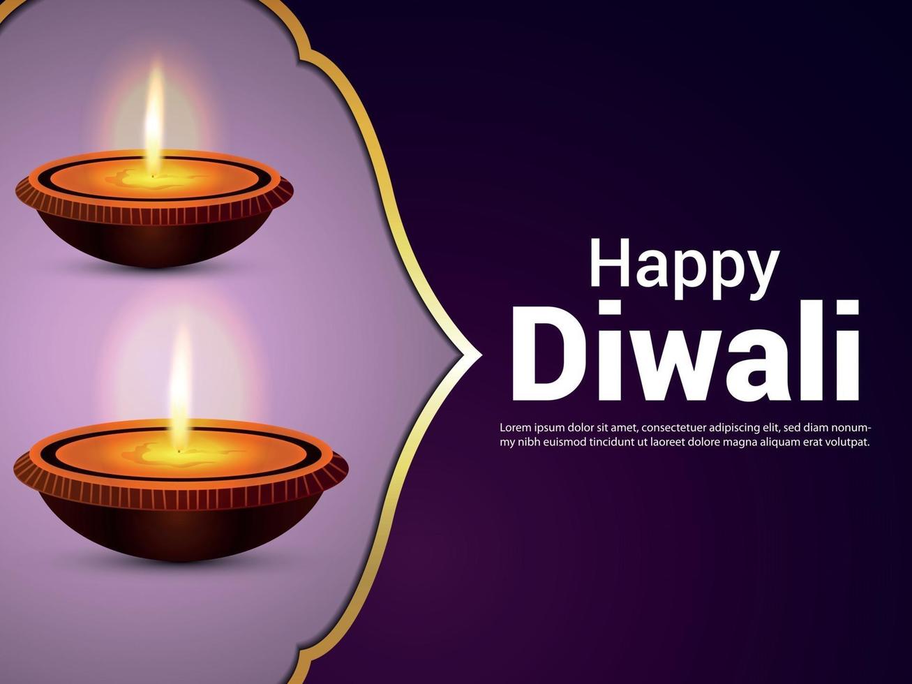 Tarjeta de felicitación de celebración del festival indio de diwali con diwali diya sobre fondo púrpura vector