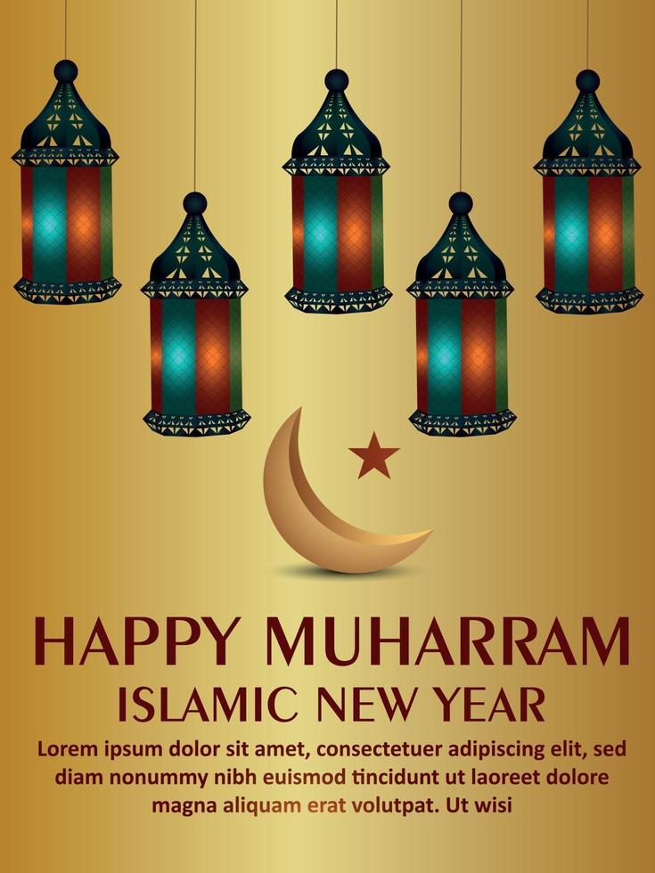 Flyer de fiesta de celebración de muharram feliz con linterna creativa y luna vector