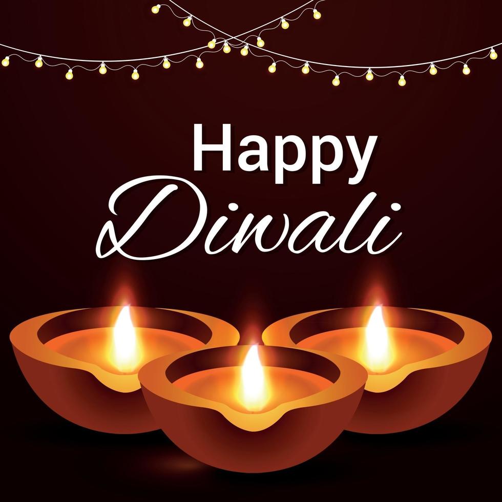 tarjeta de felicitación de celebración feliz diwali realista con diwali diya vector