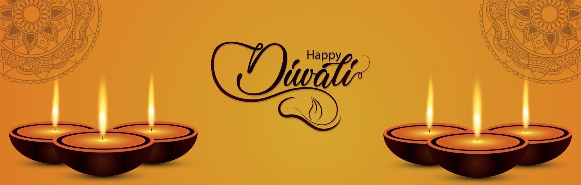 feliz celebración de diwali banner o encabezado con diwali diya vector