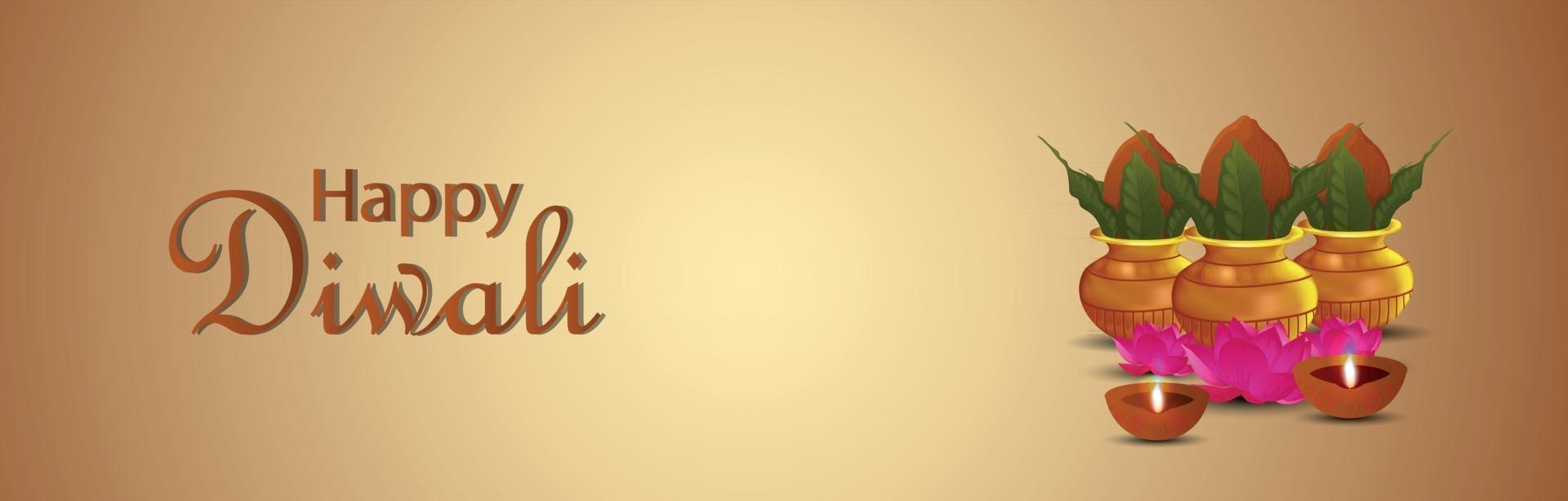Happy diwali celebration banner with golden kalash and diwali diya vector