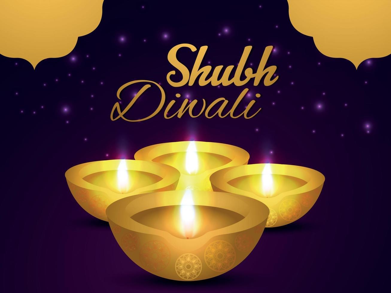 Shubh diwali invitation greeting card with diwali diya on creative background vector