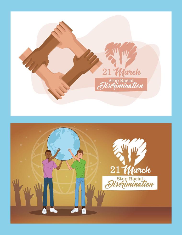 stop racism international day poster with interracial men lifting planet earth vector