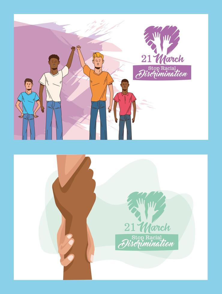 stop racism international day poster with interracial men and handshake vector