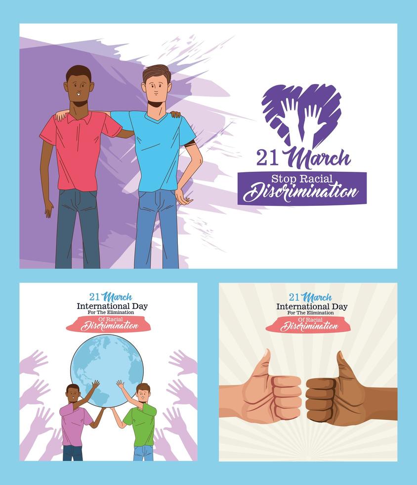 stop racism international day poster with interracial men lifting planet earth vector