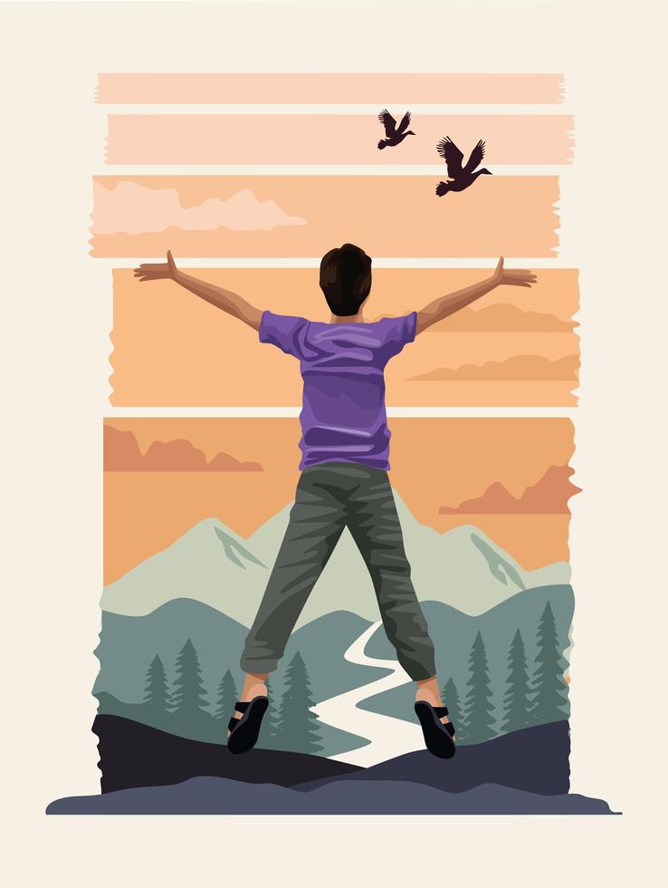 beautiful landscape with male traveler scene vector