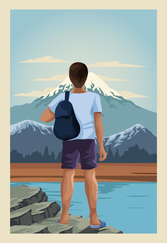 beautiful landscape with male traveler scene vector