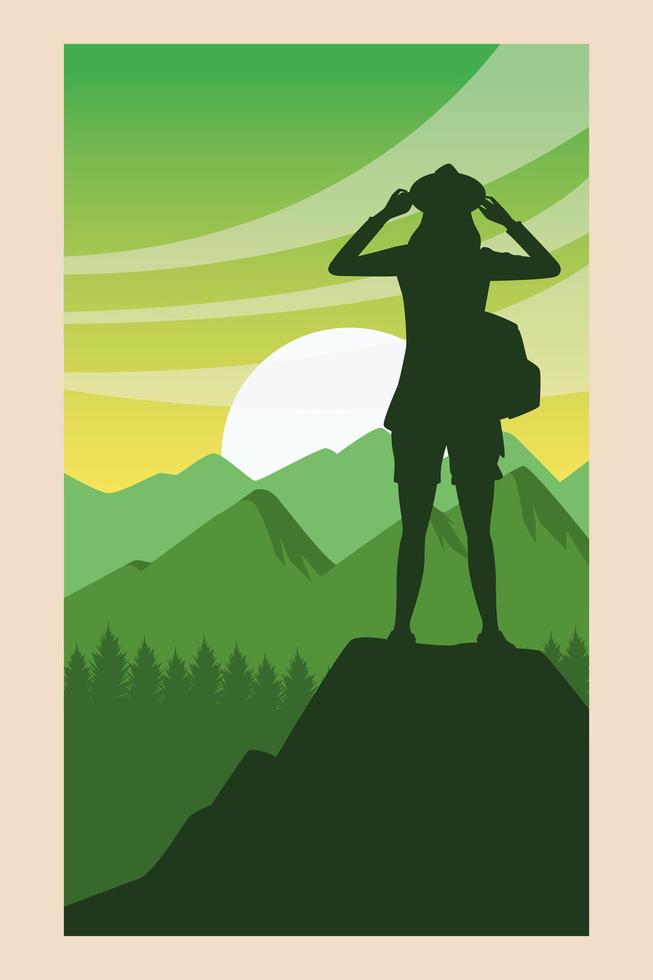 beautiful landscape with female traveler silhouette scene vector