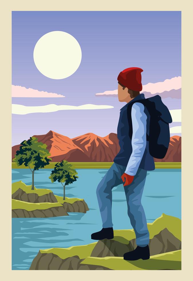 beautiful landscape with male traveler scene vector