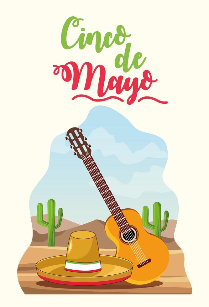 celebración del cinco de mayo con guitarra y sombrero escena del desierto vector