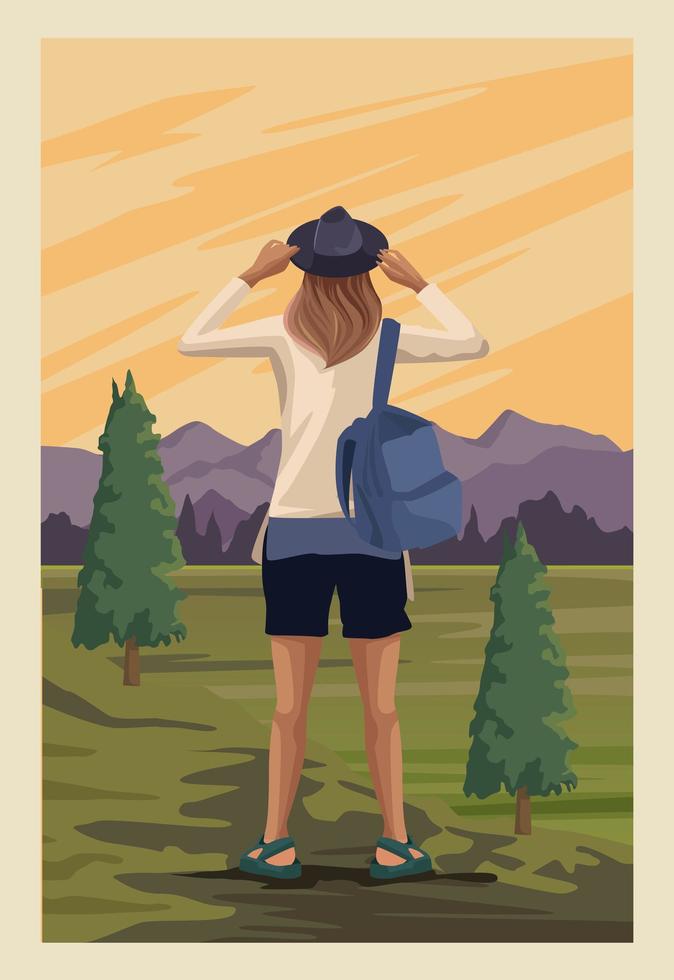 beautiful landscape with female traveler scene vector