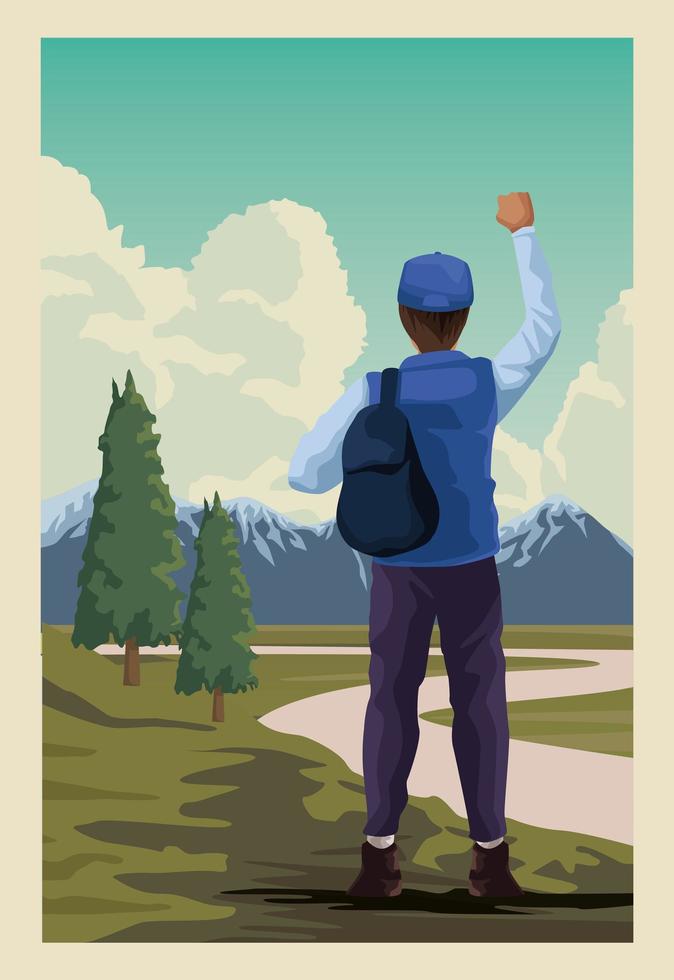 hermoso paisaje con escena de viajero masculino vector