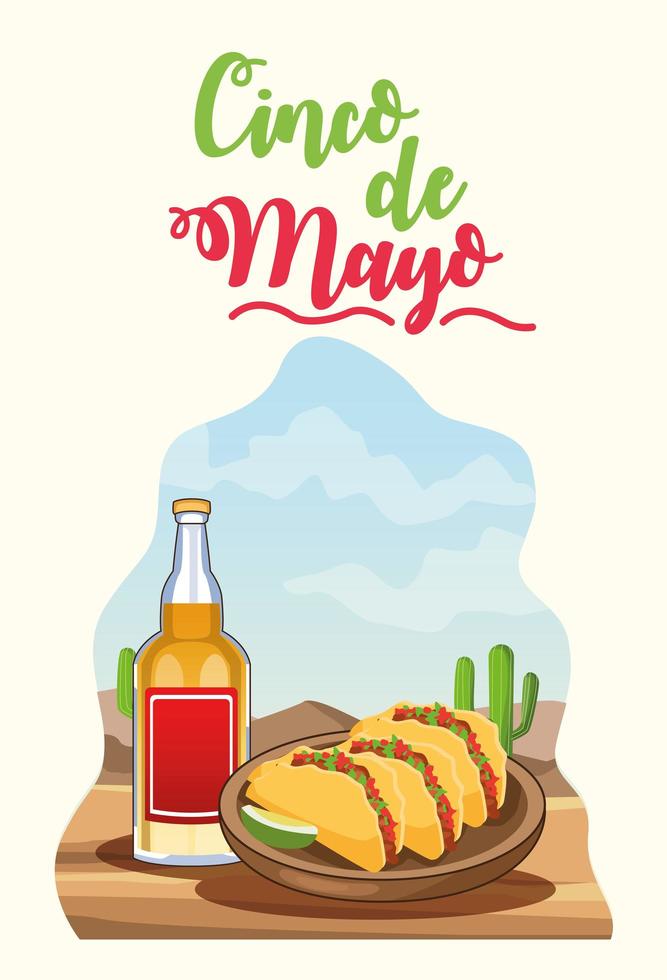 Celebración del cinco de mayo con escena del desierto de tequila y quesadillas vector