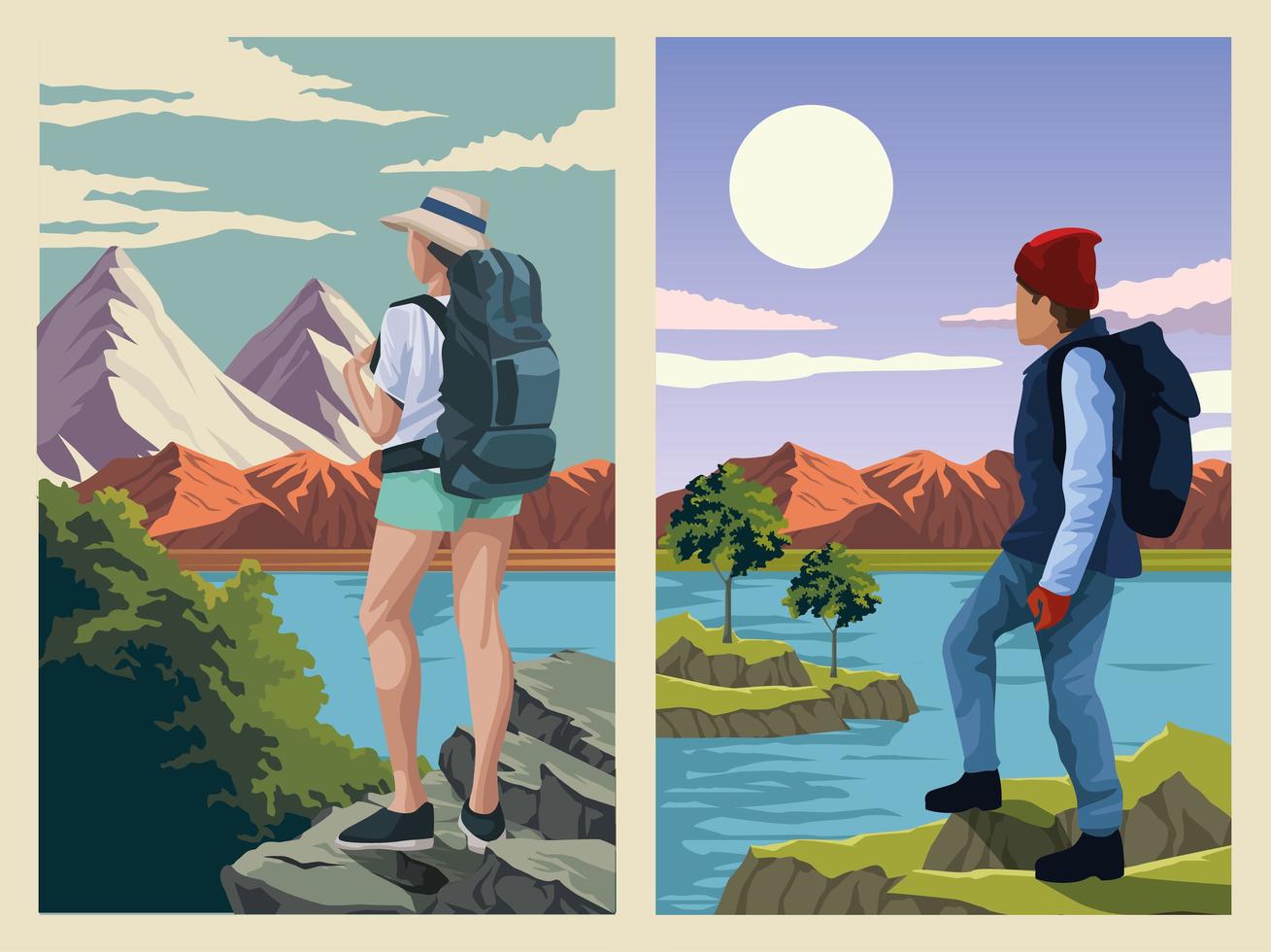 beautiful landscape with travelers couple scene vector