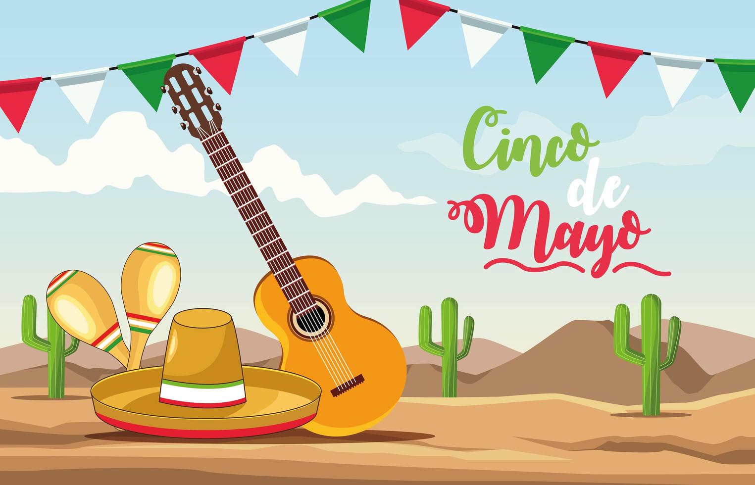 celebración del cinco de mayo con guitarra y sombrero escena del desierto vector