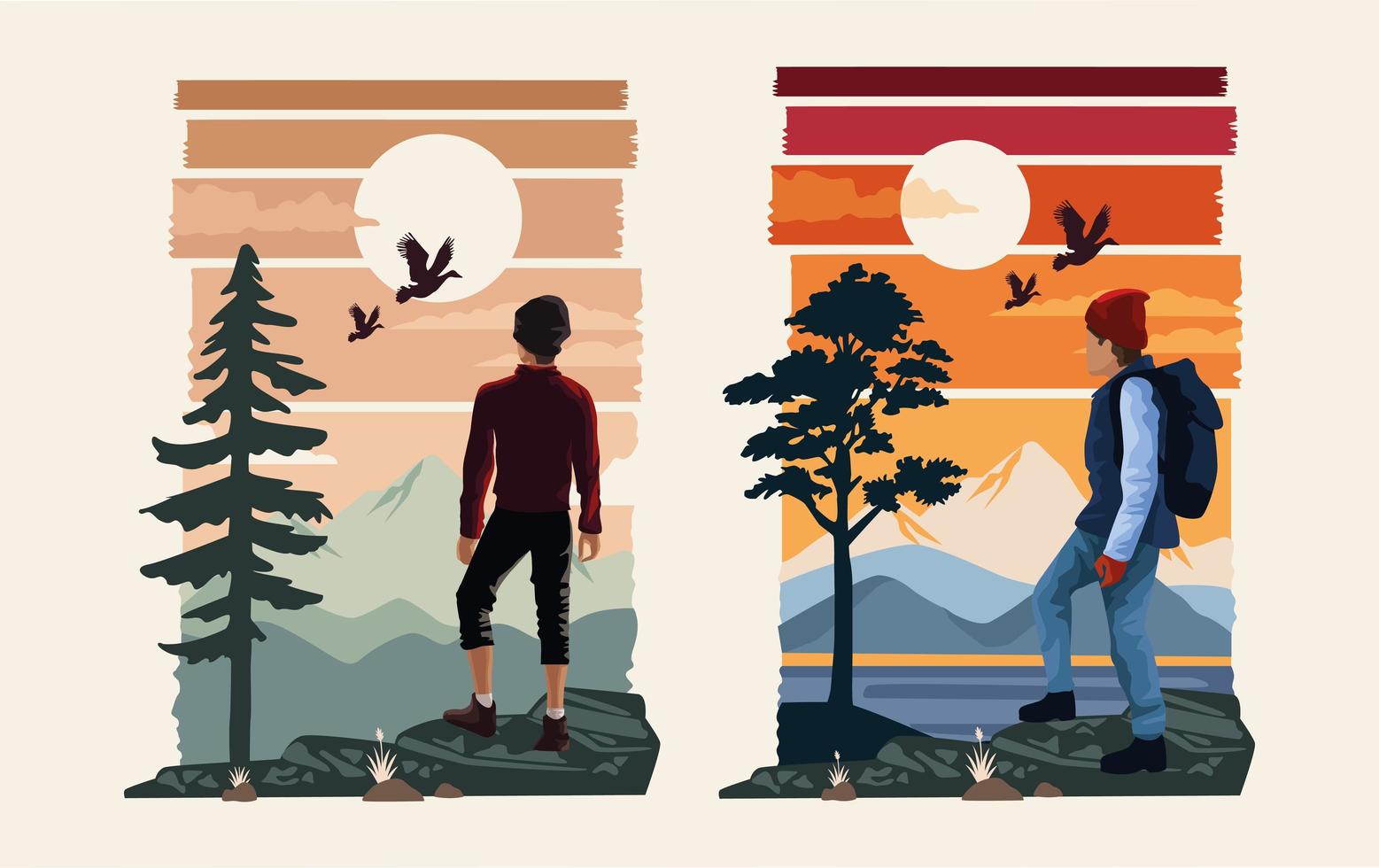 beautiful landscape with men travelers scene vector