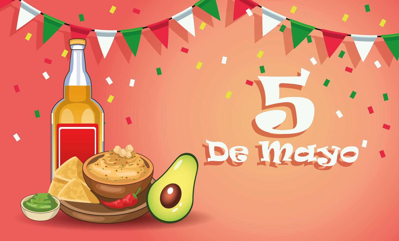 Celebración de la fiesta del cinco de mayo con tequila y comida. vector