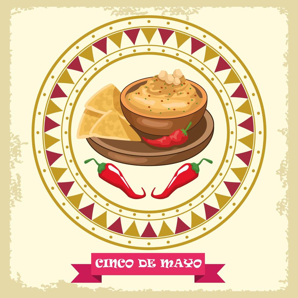 cinco de mayo celebration with nachos and sauce circular frame vector