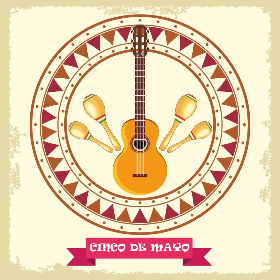 celebración del cinco de mayo con marco circular de guitarra y maracas vector