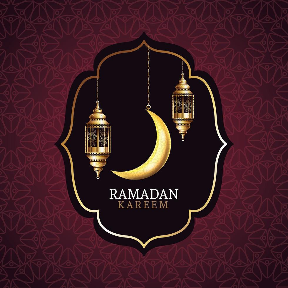 ramadan kareem celebration with lanterns hanging and moon vector