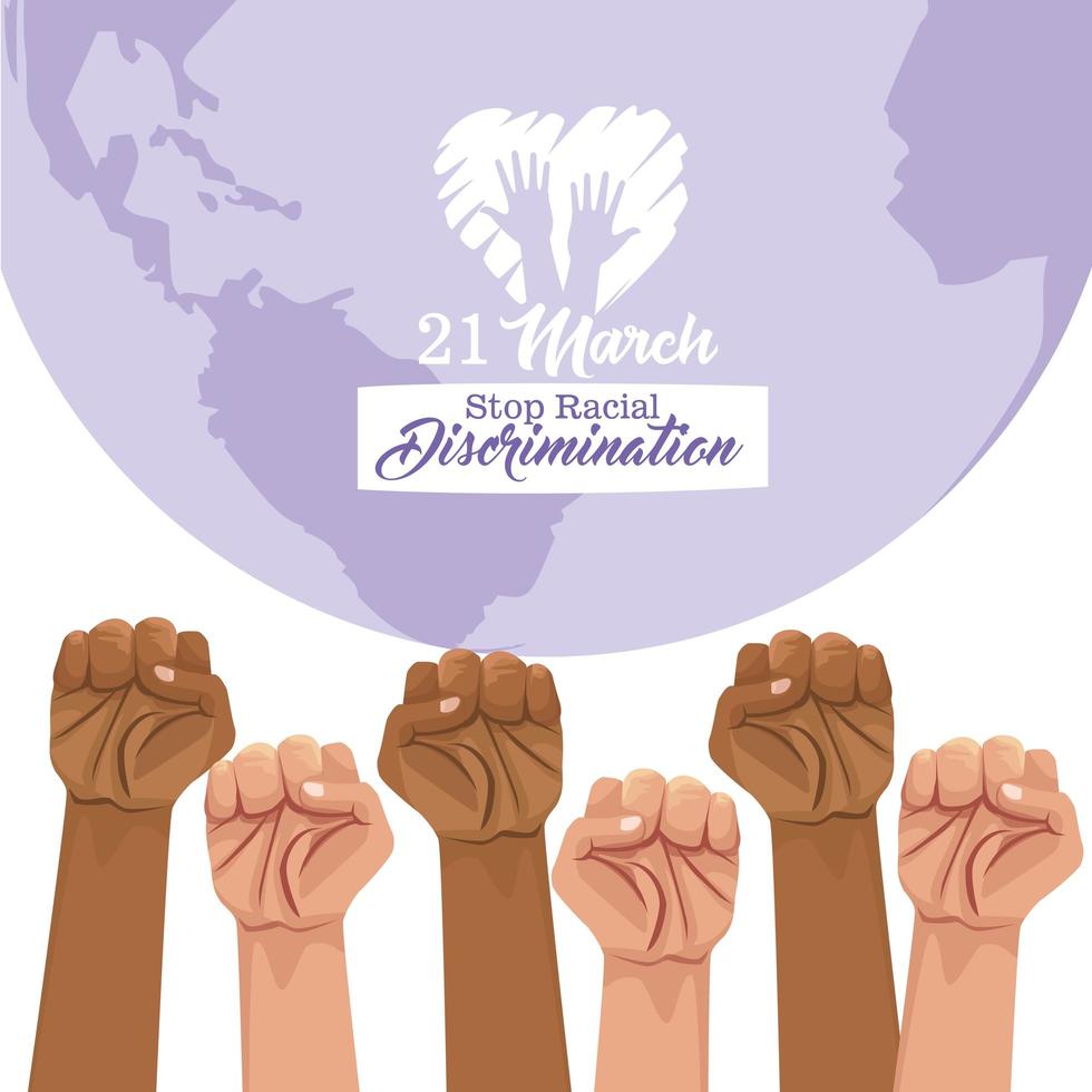 stop racism international day poster with hands and planet earth vector