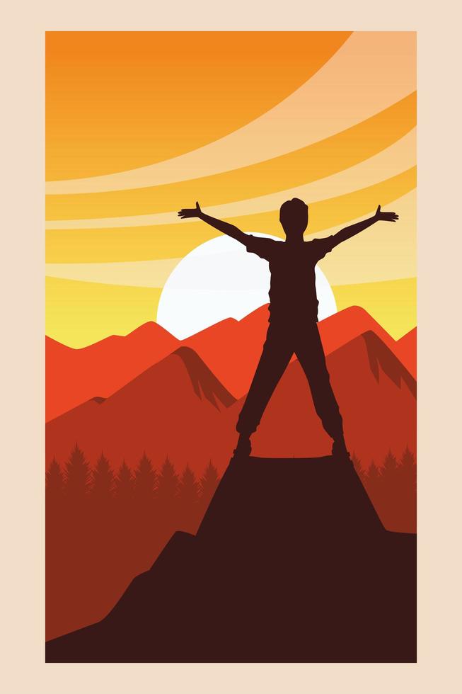 beautiful landscape with male traveler silhouette scene vector