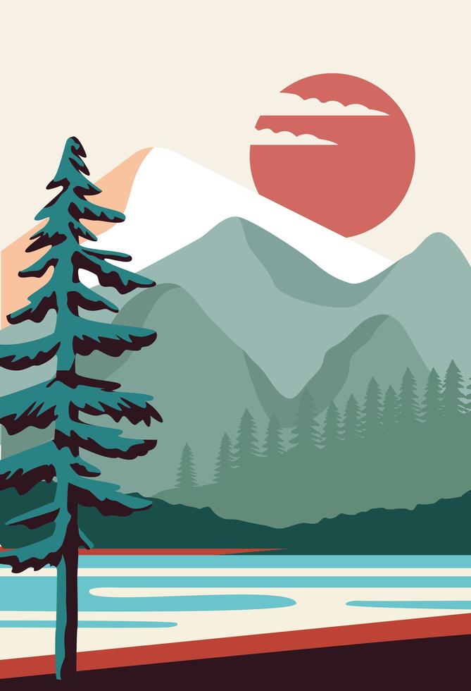 beautiful landscape with pine and lake scene vector