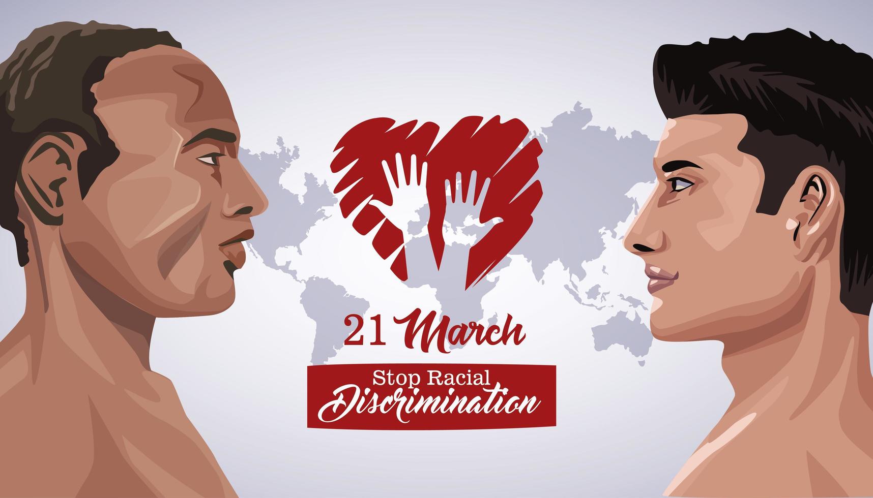 cartel del día internacional de detener el racismo con perfiles de hombres interraciales vector