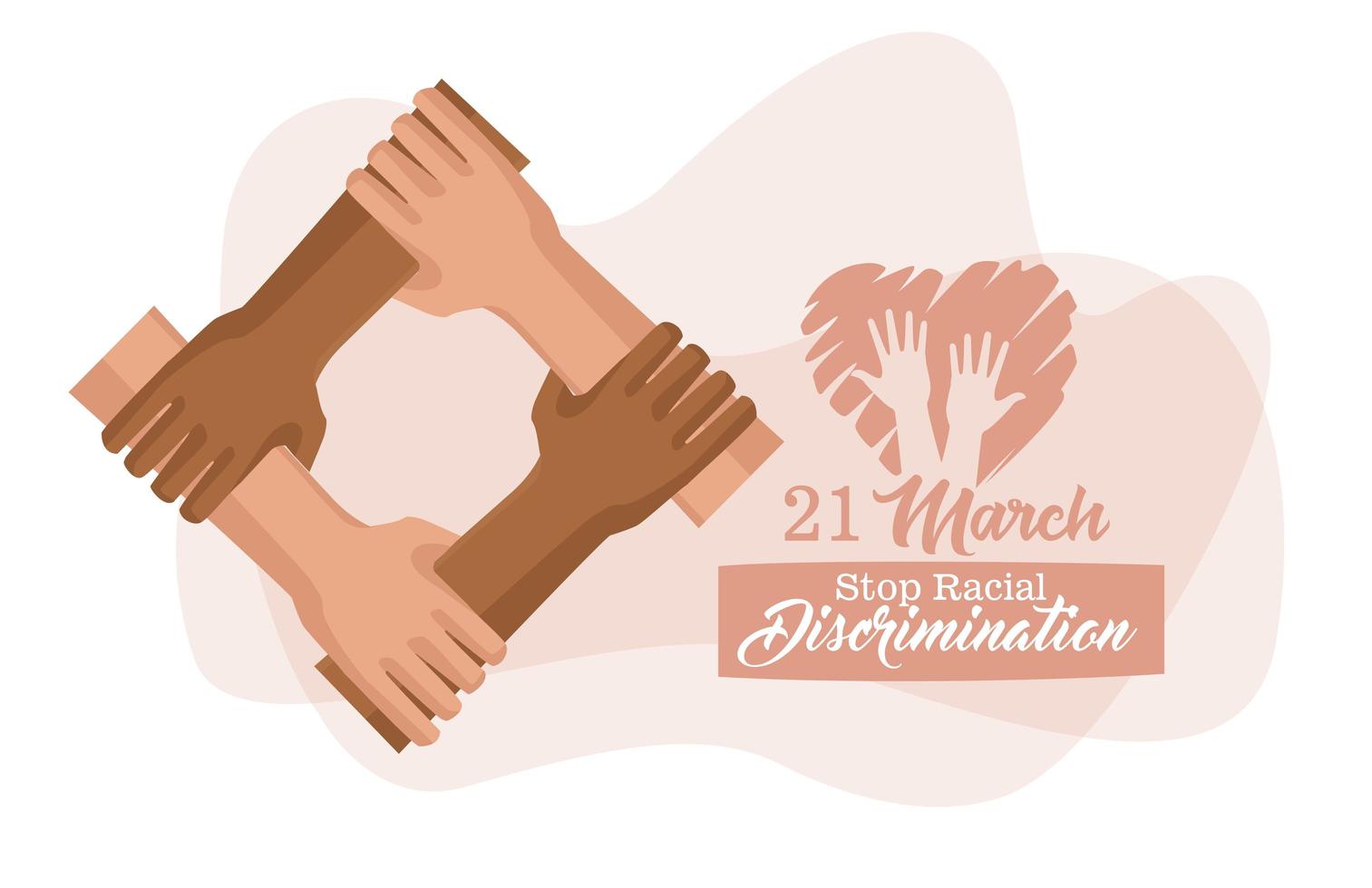 stop racism international day poster with interracial hands intertwined vector