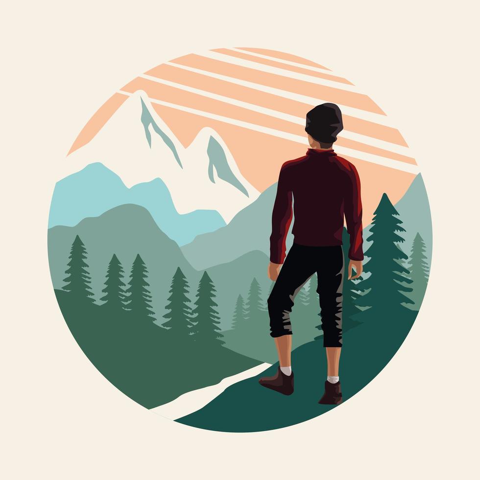 hermoso paisaje con escena de viajero masculino vector