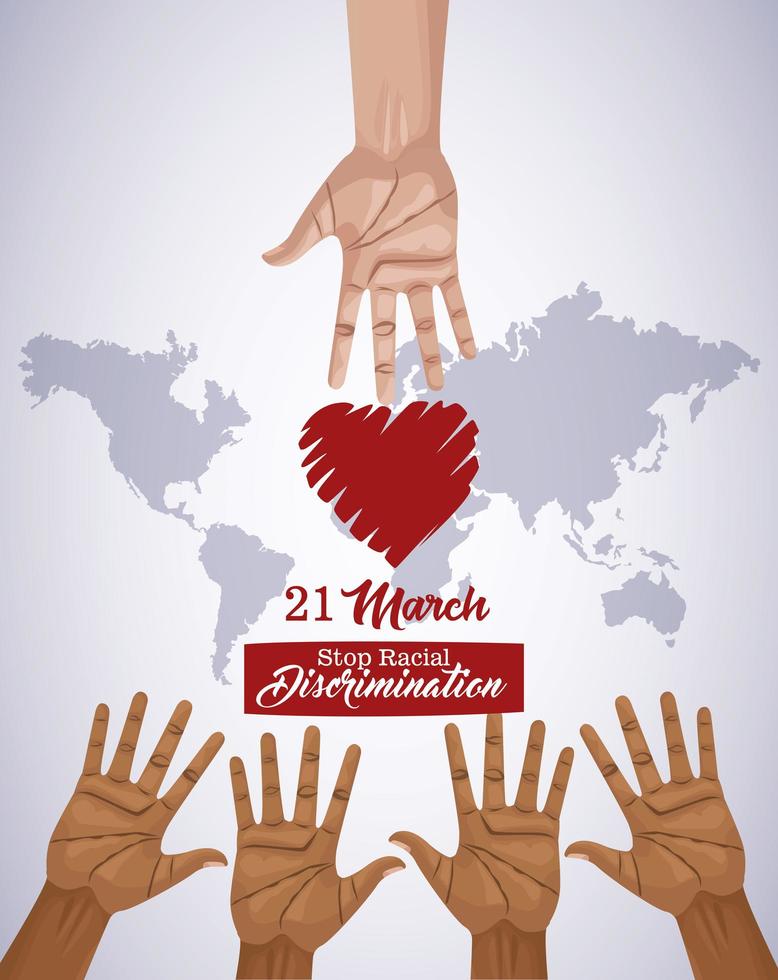 stop racism international day poster with hands and heart planet vector