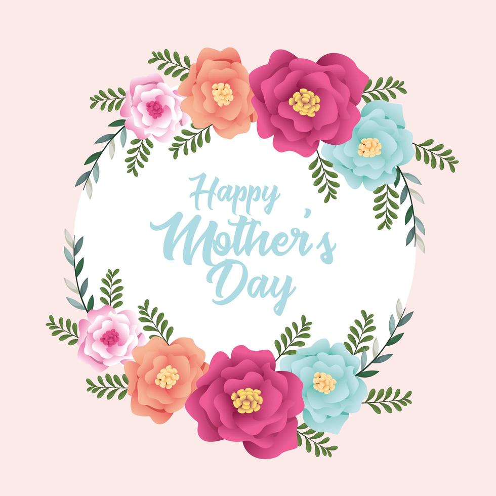 Tarjeta del día de las madres felices con marco circular de flores vector
