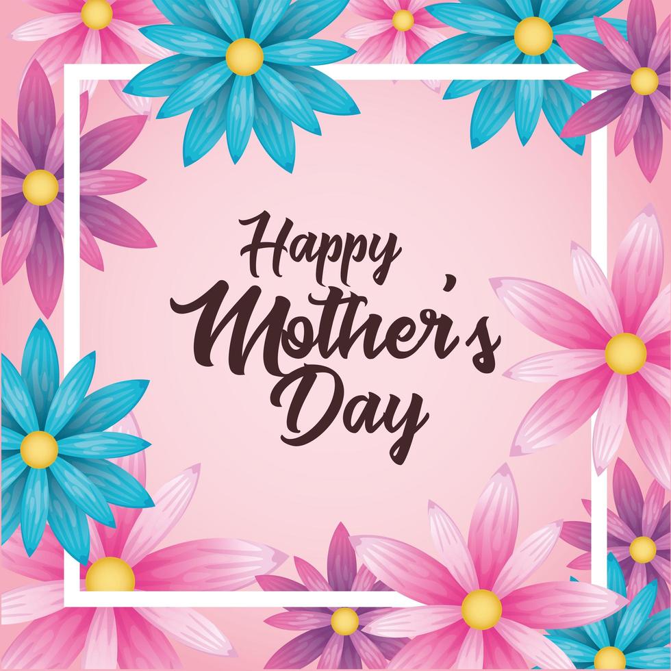 tarjeta del día de la madre feliz con marco cuadrado de flores vector