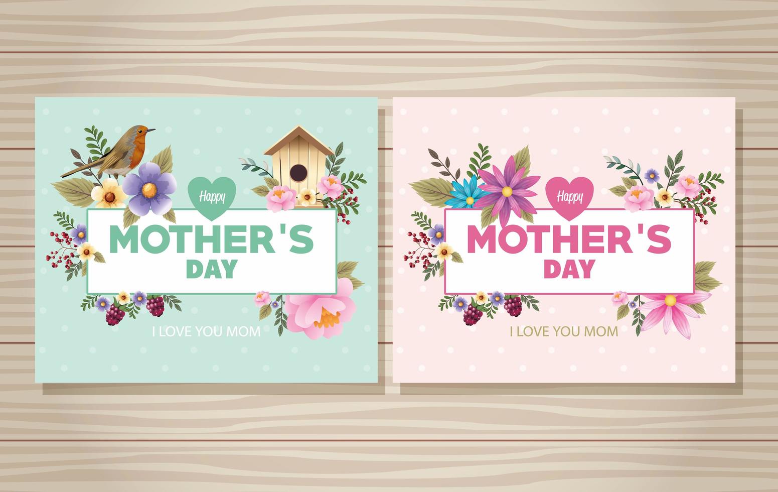 Tarjeta del feliz día de las madres con marco floral de aves y aves domésticas vector