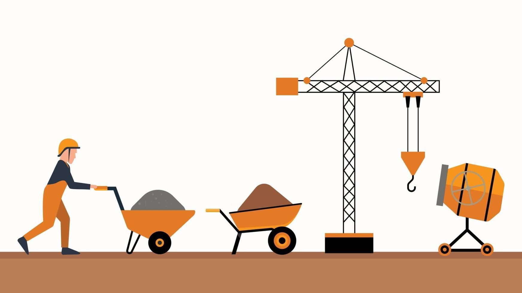 construction equipment set worker crane cement mixer vector