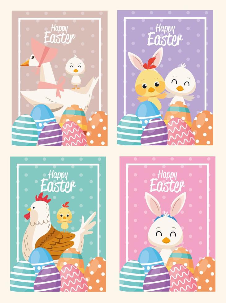 happy easter card with animals and eggs painted scenes vector