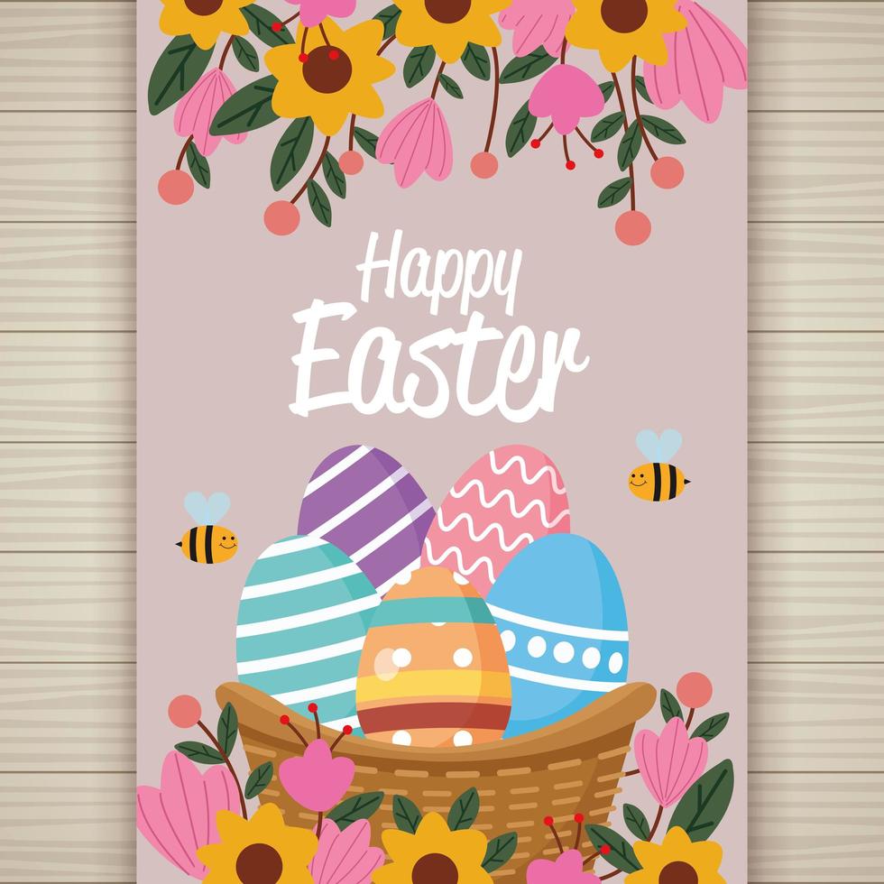 happy easter card with eggs painted in basket vector