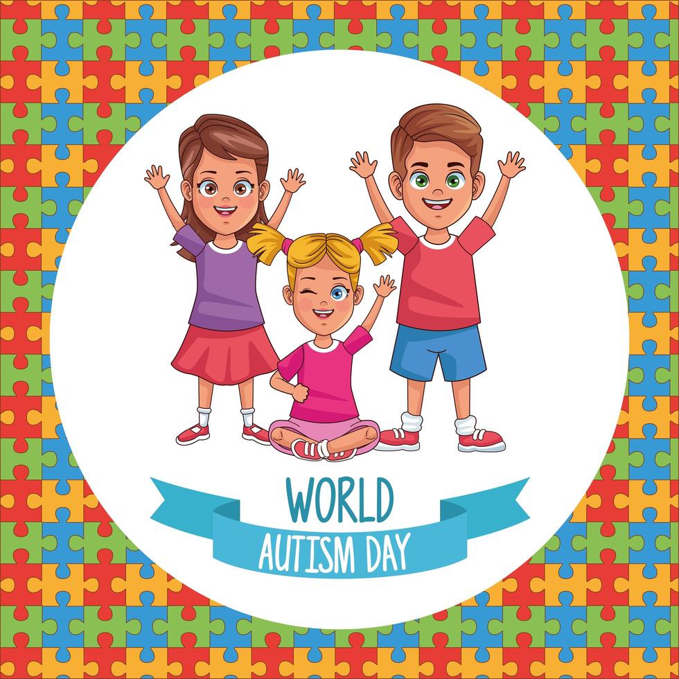 niños del día mundial del autismo con piezas de rompecabezas vector