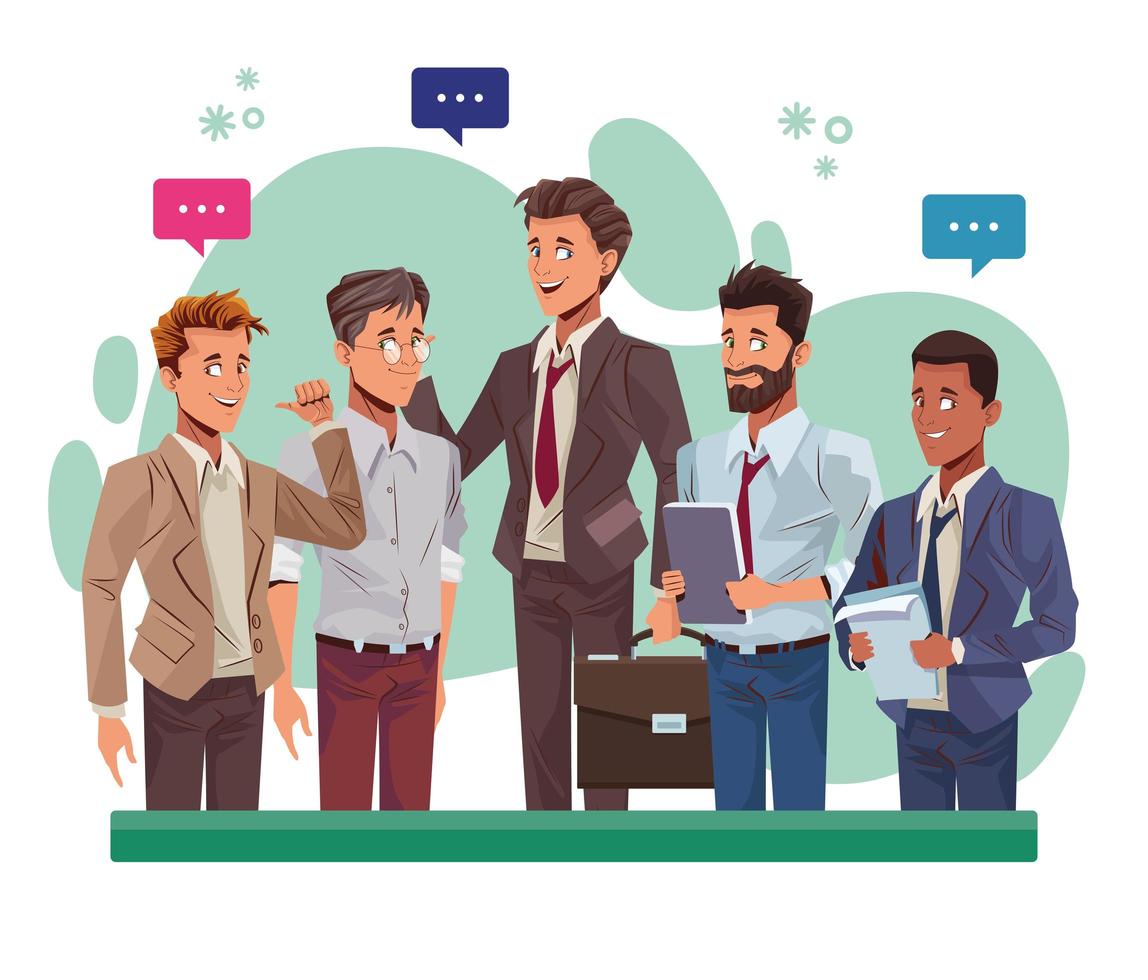 young businessmen talking workers characters vector
