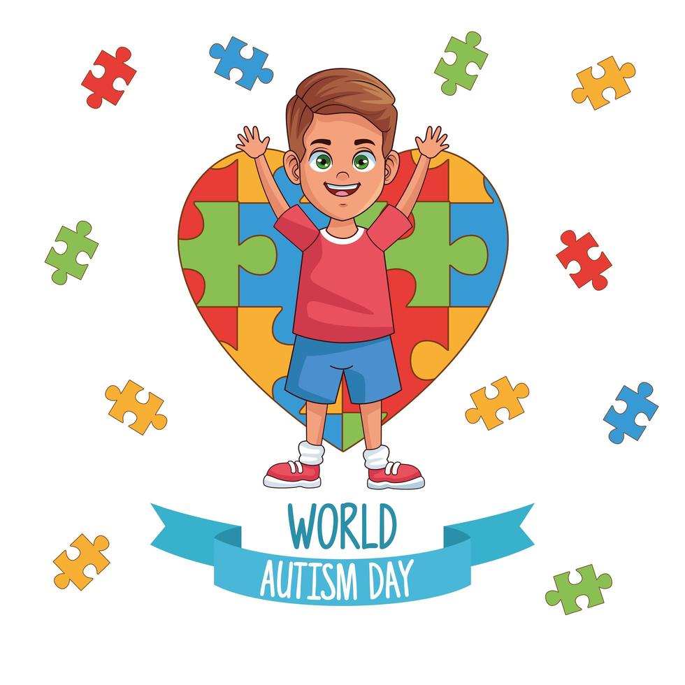 world autism day boy with puzzle heart vector
