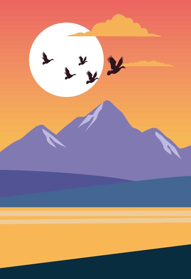 beautiful landscape with birds and lake scene vector