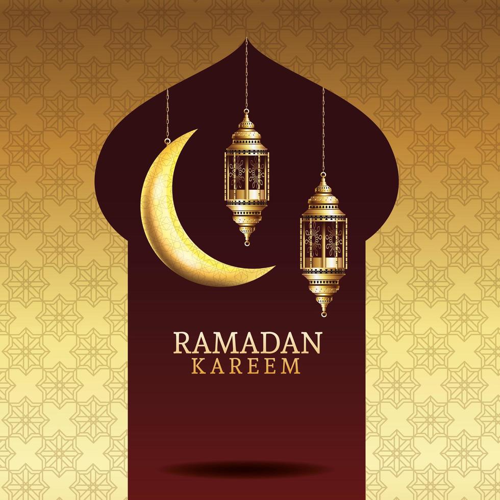 celebración de ramadán kareem con linternas doradas colgando vector